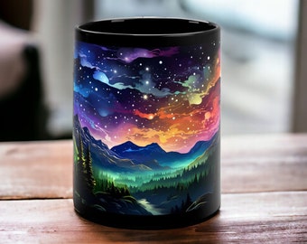 Kosmische Landschaft Becher, künstlerische himmlische schwarze Keramikbecher 11 Unzen, Weltraum Geschenk für Galaxieliebhaber, Astronomie Geschenk, Sternenhimmel Kaffeetasse