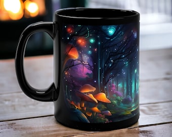 Colorful Mystic Mushroom Forest Mug - Enchanting Woods, Big Mushrooms, Whimsical Shapes - Black Ceramic Nature-Inspired Coffee Cup