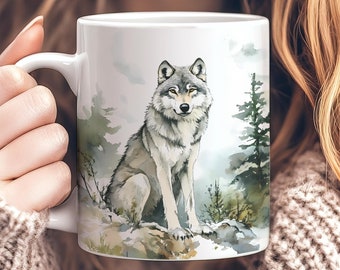 Aquarell Wolf Becher, 11 Unzen Keramik Wolf Themed Kaffeetasse für Naturliebhaber, Waldtier Tasse, Geschenk für Tierbegeisterte, Wolf Liebhaber Geschenk