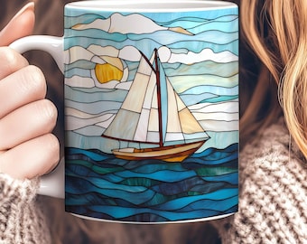 Stained Glass Sailboat Mug, Ceramic SailingCup 11oz, Ocean Themed Coffee Mug, Sailboat Lover Gift, Beach House Decor, Unique Sailor Gift