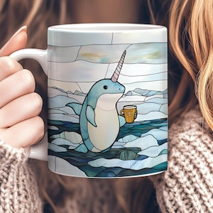 Stained Glass Narwhal Mug, Ceramic Cute Narwhal Coffee Cup 11oz, Whimsical Narwhal Lover Gift, Arctic Animal Gift, Quirky Narwhal Gift