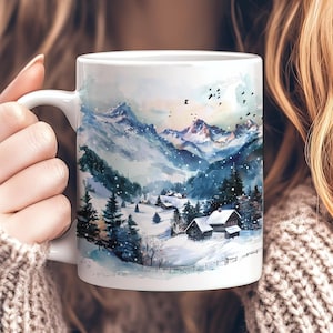 Rustic Winter Coffee Mug, Ceramic Scenic Mountain Mug 11oz 15oz, Snowy Rustic Coffee Cup, Winter Cabin Mug, Seasonal Gift, Christmas Gift