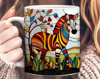 Taza de cebra colorida de 325 ml, taza de café con vitrales de cebra, taza de cerámica con arte de vida silvestre, regalo para amantes de los animales