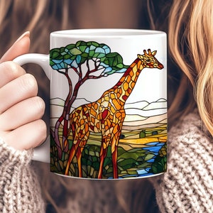 Stained Glass Giraffe Mug, 11oz Ceramic Safari Animal Coffee Mug, Colorful Giraffe Art Mug, Unique Animal Print Gift, Giraffe Lover Gift