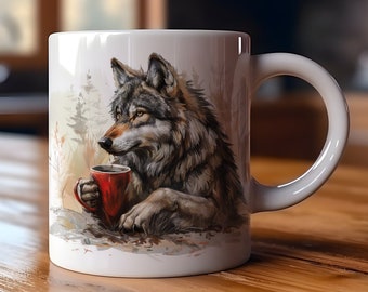Wolf Coffee Mug, 11oz Ceramic Wolf Mug, Wolf Drinking Coffee, Wolf Coffee Cup, Wildlife Mug, Wolf Gift, Gift for Wolf Lovers