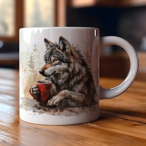 Taza de café con lobo, taza de cerámica de 325 ml con diseño de lobo, taza de café con lobo, taza con diseño de vida silvestre, regalo para amantes de los lobos.
