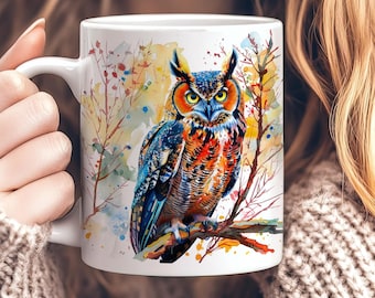 Owl Mug, Owl Coffee Mug, Colorful Watercolor Bird Cup, Cute Owl Lover Gift, Woodland Animal Mug, Nature Lover Gift