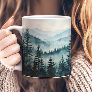 Misty Pine Forest Mug, 11oz Ceramic Landscape Mug with Scenic Forest Scene, Pine Trees Rustic Coffee Mug, Nature Lover Gift, Unique Tree Cup