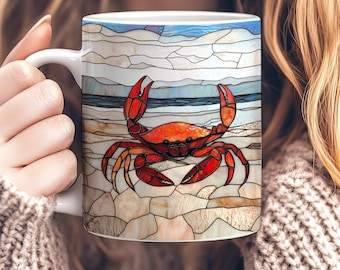 Stained Glass Red Crab Mug, Ceramic Beach Lover Mug 11oz, Perfect Gift for Crab Lover, Seaside Coastal Themed Mug, Beach House Decor