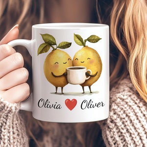 Mug couple citron personnalisé, dessin animé mignon citrons tasse de café 11 oz en céramique, nom personnalisé cadeau Saint-Valentin pour les couples et les amoureux, cadeau citron