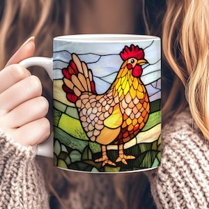 Stained Glass Chicken Mug, 11oz Ceramic Farm Animal Mug, Rustic Farmhouse Decor, Perfect Gift for Chicken Lovers & Farmers, Chicken Gift