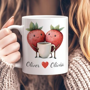 Personalized Strawberry Couple Mug, Custom Name Coffee Cup11 oz , Cute Love Mug, Anniversary Gift, Romantic Gift for Couples Strawberry Gift