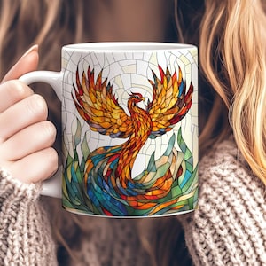 Mug Phoenix en vitrail, tasse à café Phoenix en céramique de 11 oz, cadeau Fiery Phoenix, cadeau mythologie, cadeau pour les amateurs de fantastique, art phénix
