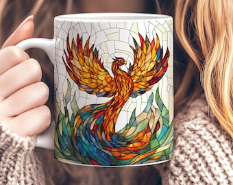 Mugg av målat glas med Phoenix, 340 g keramisk kaffekopp med Phoenix, eldig Phoenix-gåva, mytologigåva, present för fantasyälskare, Phoenixkonst