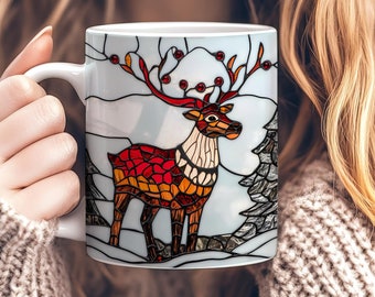 Stained Glass Reindeer Mug, Christmas Coffee Mug, Winter Deer Mug, Holiday Mug, Stocking Stuffer, Whimsical Christmas Gift, Santa Mug