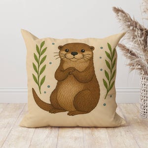 Otter Throw Pillow, Cute River Otter Cushion, Woodland Animal Decor, Cozy Forest Nature Gift, Whimsical Animal Pillow, Otter Lover Gift