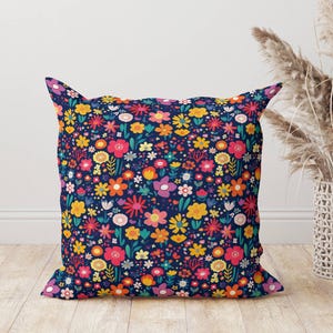 Dark Floral Throw Pillow, Bold Cottagecore Decor, Wildflower Pillow, Boho Flower Home Accent, Bright Boho Cushion, Maximalist Home Style