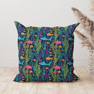 Colorful Ocean Throw Pillow, Underwater Theme Cushion, Sea Life Decor, Marine Animal Pillow, Coastal Kids Room Accent, Fish Cute Pillow