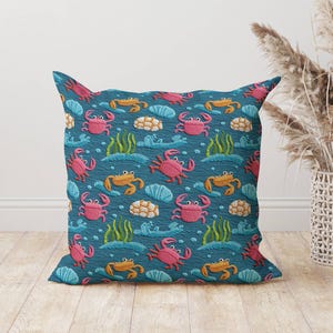 Colorful Crab Throw Pillow, Nautical Beach Decor, Coastal Kids Room Cushion, Sea Life Pillow, Ocean Theme Accent, Crab Lover Sofa Cushion