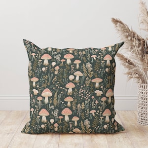 Dark Forest Mushroom Pillow, Cottagecore Throw Cushion, Botanical Decor Accent, Woodland Home Gift, Unique Fungi Lover Room Aesthetic