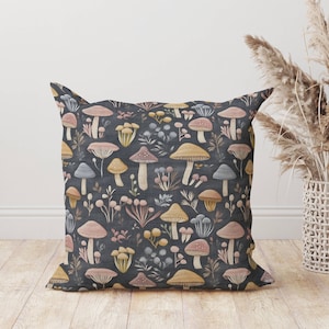 Dark Mushroom Throw Pillow, Cottagecore Forest Cushion, Woodland Decor Accent, Botanical Nature Pillow, Whimsical Gift Idea, Mushroom Lover