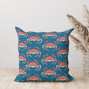 Blue Crab Pattern Throw Pillow, Coastal Nautical Decor, Unique Crab Pillow, Beach House Cushion, Ocean Life Accent Pillow Seaside Home Decor
