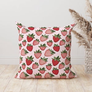 Strawberry Throw Pillow, Pink Fruit Cushion Cottagecore Decor, Kawaii Strawberry Room Accent, Cute Summer Pillow, Unique Berry Home Decor