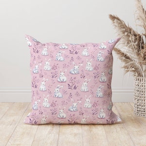 Bunny Throw Pillow, Pink Rabbit Cushion Nursery Spring Decor, Cottagecore Easter Accent Whimsical Bunny Room Pillow Gift, Bunny Lover Gift