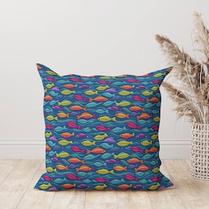 Colorful Fish Throw Pillow, Ocean Decor for Kids Room, Nautical Couch Cushion, Playful Underwater Pillow, Beach House Accent, Fish Lover
