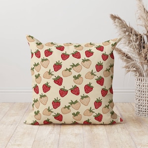Strawberry Throw Pillow, Cream Fruit Cushion Cottagecore Vintage Decor, Cute Farmhouse Accent, Rustic Strawberry Room Pillow Fruit Aesthetic