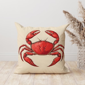 Red Crab Throw Pillow, Beach House Decor, Nautical Coastal Cushion, Marine Life Accent Pillow, Ocean Lover Gift Seaside Home Pillow Gift