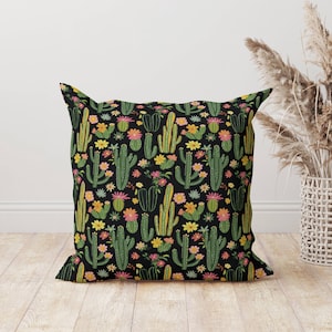 Cactus Throw Pillow, Colorful Desert Cushion, Black Botanical Pillow, Boho Plant Decor, Southwestern Accent, Succulent Pillow, Cactus Lover