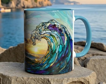 Taza de vitral con olas del océano, taza de café playera, regalo para amantes del océano, taza decorativa costera, taza de cerámica con olas marinas de 325 ml