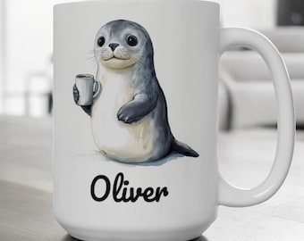 Benutzerdefinierte Name Robbe Becher, niedliche Robbe Keramik Kaffeetasse 11oz 15oz, personalisiertes Geschenk für Robbenliebhaber, anpassbare Tierbecher, entzückende Robbe Geschenk