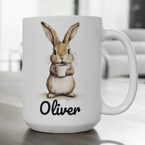 Personalized Rabbit Coffee Mug, 11oz 15oz Cute Bunny Mug, Gift for Animal Lovers, Custom Name Coffee Cup, Personalised Rabbit Gift