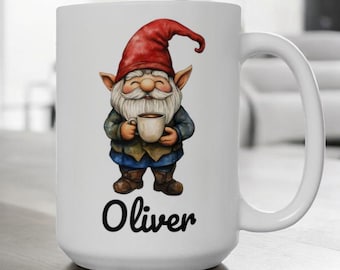 Personalized Gnome Coffee Mug, Custom Name Gnome Mug 11oz 15oz, Cute Gnome Gift, Fantasy Coffee Cup, Unique Whimsical Name Gift Personalised