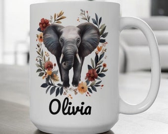 Personalized Elephant Mug with Flowers, Custom Name Gift for Elephant Lovers, Floral Elephant Coffee Cup, 11oz Ceramic Animal Lover Mug