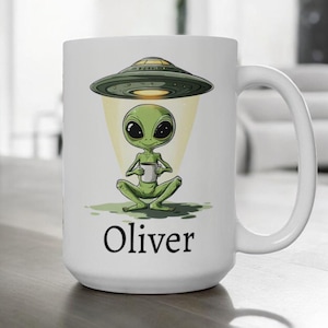 Personalized Alien Mug, Ceramic Extraterrestrial Coffee Mug 11oz 15oz, Custom Name Mug, Alien Believer Gift, UFO Gift, Space Lover Gift