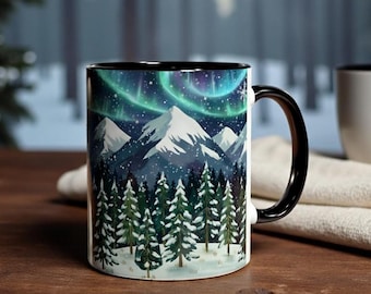 Northern Lights Mountain Mug, Aurora Borealis Coffee Mug, Winter Forest Mug, Celestial Night Sky Mug, Nature Lover Gift, Stargazer Gift