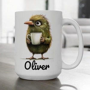 Benutzerdefinierte Kiwi Vogel Becher, niedliche Vogel Kaffeetasse mit Namen Option, australische Natur Liebhaber Geschenk, lustige Vogel Kunst, 11 Unze 15 Unze Keramik Vogel Liebhaber Becher