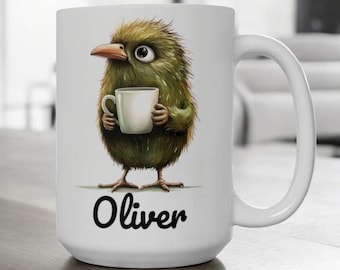 Custom Kiwi Bird Mug, Cute Bird Coffee Cup with Name Option, Australian Nature Lover Gift, Funny Bird Art, 11oz 15oz Ceramic Bird Lover Mug