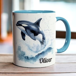 Personalisierter Orca Wal Becher, Keramik Killerwal Kaffeetasse 11 Unzen, Benutzerdefinierte Name Becher, Aquarell Orca Tasse, Killerwal Geschenk, Benutzerdefinierte Tasse