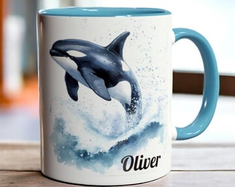 Taza personalizada de orca, taza de café de cerámica de 325 ml, taza con nombre personalizado, taza de orca de acuarela, regalo de orca, taza personalizada