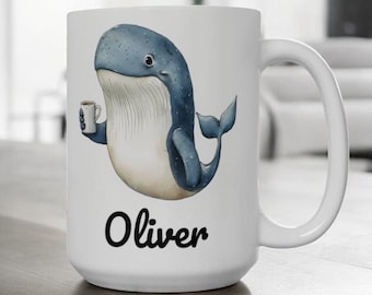 Personalized Whale Mug, Whale Lover Gift, Custom Name Coffee Mug, Cute Whale Cup, Ocean Animal Mug, Funny Whale Gift for Him, Nautical Mug