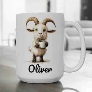 Personalisierte Ziege Kaffeetasse, individuelles Namensgeschenk, 11 Unze 15 Unze Keramik Cartoon Tier Becher, Geschenk für Ziegenliebhaber, Bauernhof Tier Geschenk, süße Ziege Tasse