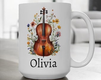 Personalized Cello Mug, Ceramic Cellist Coffee Mug 11oz 15oz, Custom Name Mug, Cello Player Gift, Music Lover Cup, Music Teacher Gift