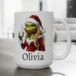 Taza personalizada de Grinch con nombre, divertida taza navideña de 325 ml y 433 ml, divertida taza navideña para ella, regalo de Grinch para Navidad.
