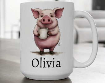 Taza de cerdo personalizada, taza de café con nombre personalizado, lindo regalo de cerdo para ella, taza para amantes de los cerdos, taza de animal divertido, taza de cerámica, regalo de cumpleaños para ella