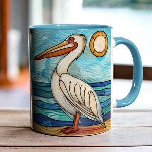 Stained Glass Pelican Mug, Ceramic Beach Themed Mug 11oz, Pelican Bird Coffee Cup, Gift for Pelican Bird Lovers, Coastal Beach House Decor