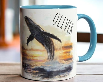 Personalized Humpback Whale Mug, Custom Name Ocean Mug, Whale Lover Gift, Nautical Ceramic Coffee Mug, Gift for Him, Marine Life Mug